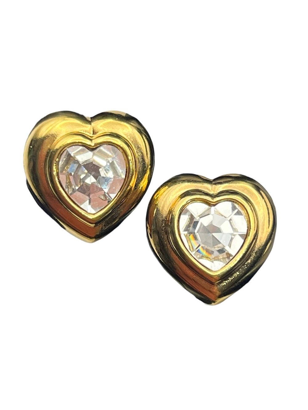 Heart clear rhinestone gold tone vintage clip on earrings sparkly